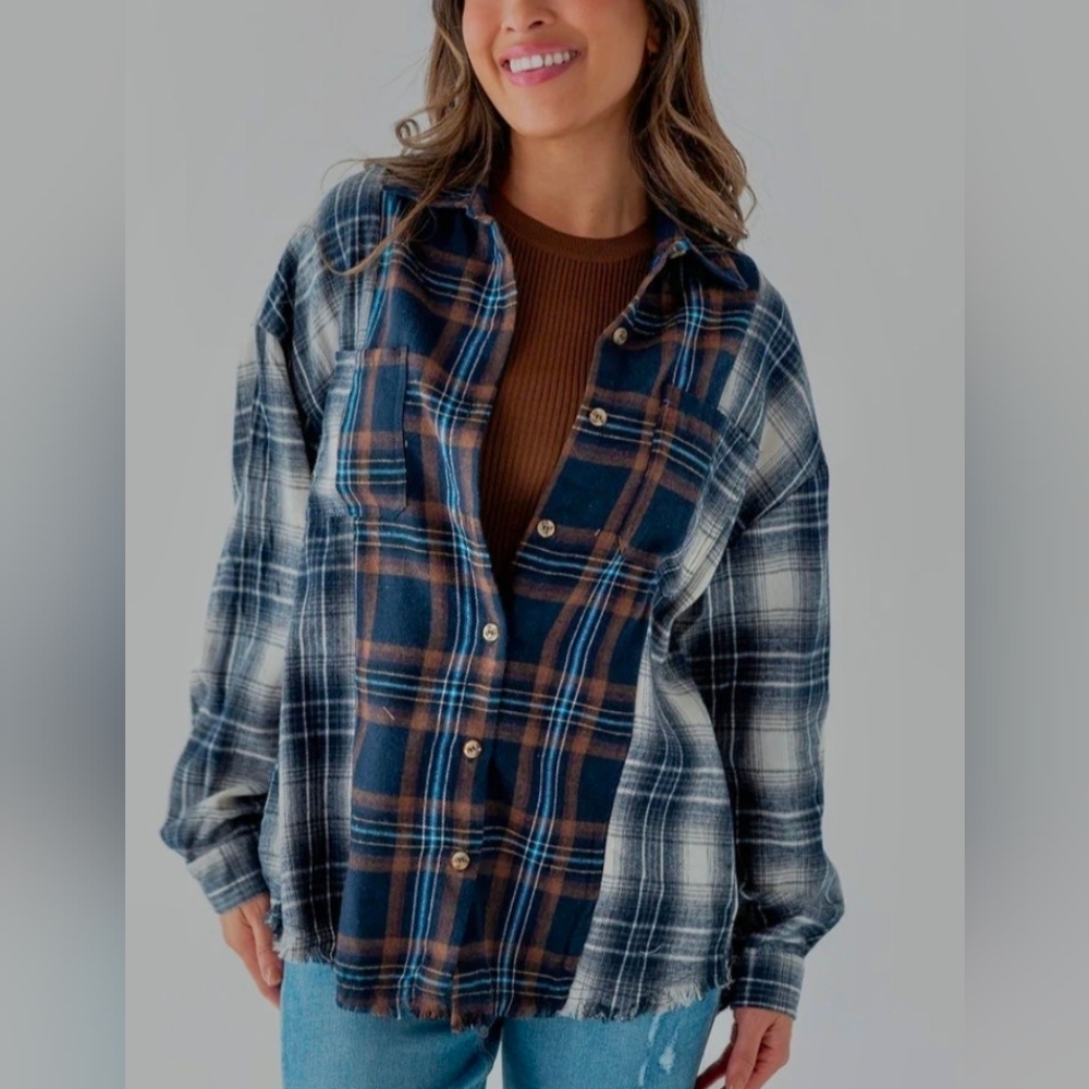 blu pepper Plaid Button-Up Shirt - Blue and Brown